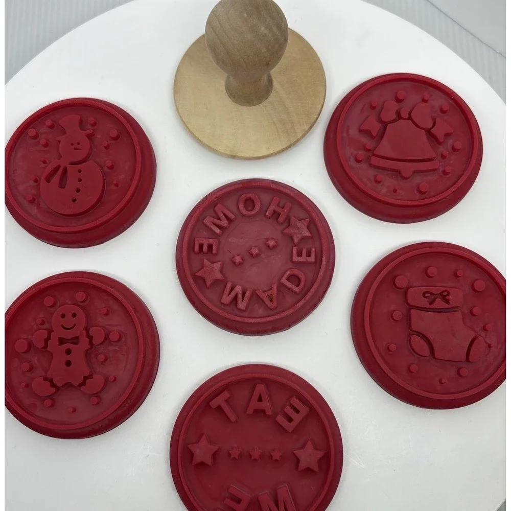 6 Wooden Rubber‎ Silicone Stamp Cookie Press Circle Holiday Home Made Christmas